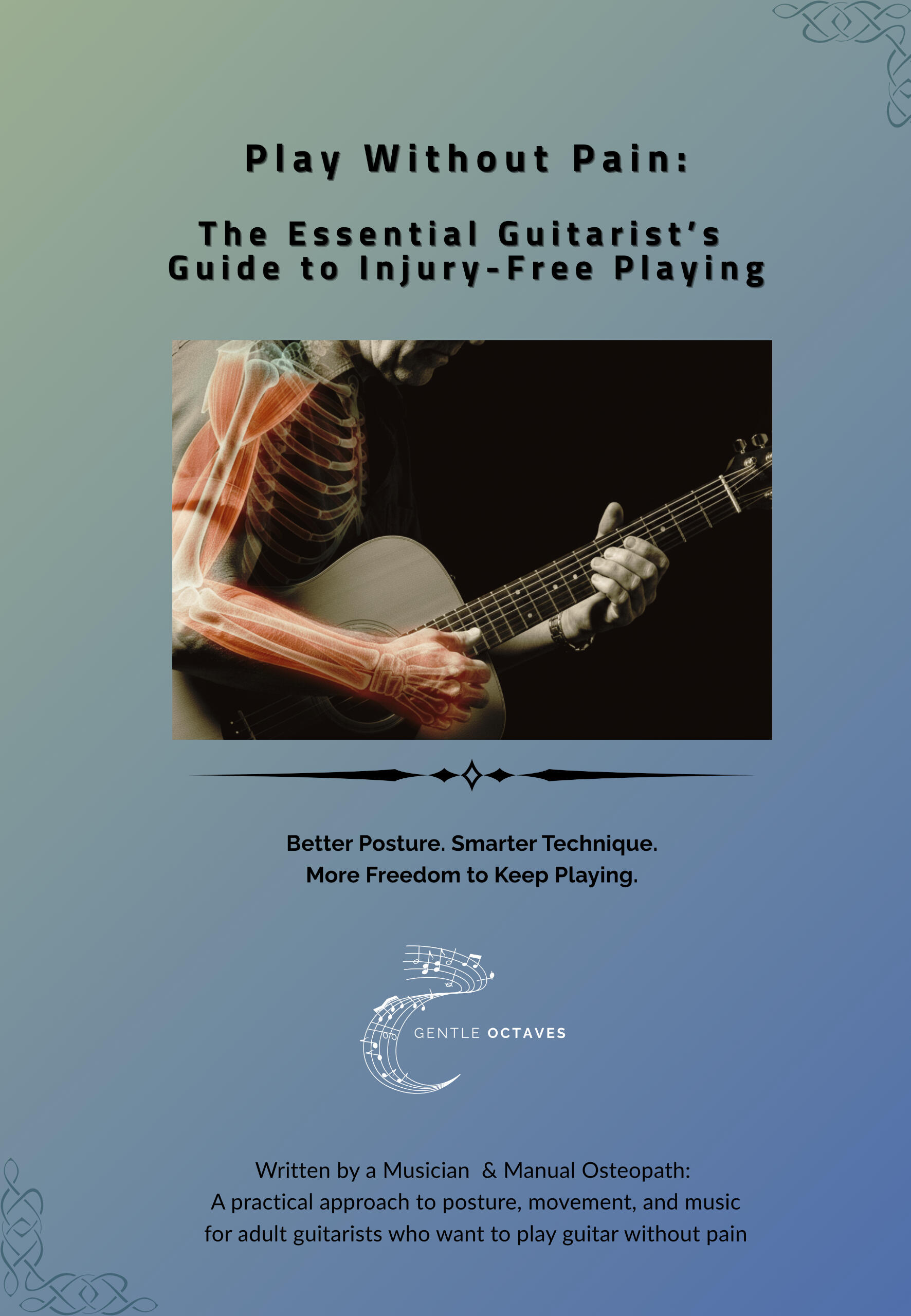 Play Without Pain. The Essential Guitarists Guide to Injury Free Playing Cover image of free guide for guitarists: Play Without Pain – Injury-Free Playing